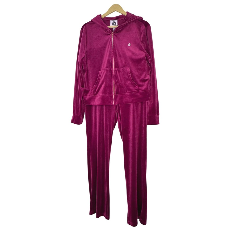 Juicy Couture Raspberry Velour Wide Leg Tracksuit Women XL Top /‎ M pants Y2K